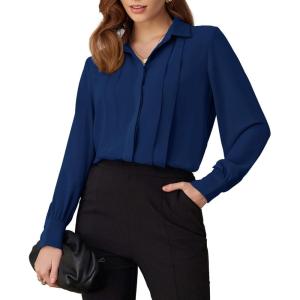 imageGRACE KARIN Womens Button Down Shirt Long Sleeve Classic Collared Work Business Casual Chiffon Blouses TopsNavy Blue