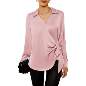 imageGRACE KARIN Womens Satin Silk Blouses Wrap V Neck Shirts Long Sleeve Elegant Tie Waist Office Formal Work Tunic PulloverTopsLight Pink