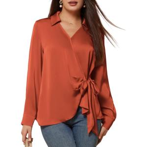imageGRACE KARIN Womens Satin Silk Blouses Wrap V Neck Shirts Long Sleeve Elegant Tie Waist Office Formal Work Tunic PulloverTopsOrange