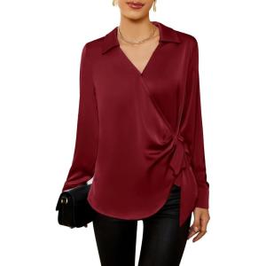 imageGRACE KARIN Womens Satin Silk Blouses Wrap V Neck Shirts Long Sleeve Elegant Tie Waist Office Formal Work Tunic PulloverTopsWine