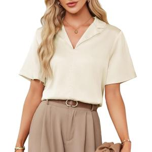 imageGRACE KARIN Womens Satin Silk Shirts Short Sleeve Casual Work Blouse Lapel V Neck Pullover TopsApricot