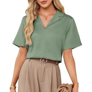 imageGRACE KARIN Womens Satin Silk Shirts Short Sleeve Casual Work Blouse Lapel V Neck Pullover TopsArmy Green