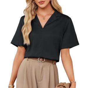 imageGRACE KARIN Womens Satin Silk Shirts Short Sleeve Casual Work Blouse Lapel V Neck Pullover TopsBlack