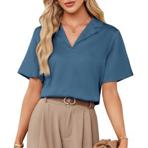 imageGRACE KARIN Womens Satin Silk Shirts Short Sleeve Casual Work Blouse Lapel V Neck Pullover TopsGrey Blue
