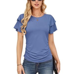 imageGRACE KARIN Womens Summer Tops Ruffle Sleeve Basic T Shirts Dressy Casual Ruched Work Blouses Trendy Clothes 2025Blue