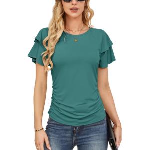 imageGRACE KARIN Womens Summer Tops Ruffle Sleeve Basic T Shirts Dressy Casual Ruched Work Blouses Trendy Clothes 2025Blue Green