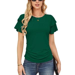 imageGRACE KARIN Womens Summer Tops Ruffle Sleeve Basic T Shirts Dressy Casual Ruched Work Blouses Trendy Clothes 2025Dark Green