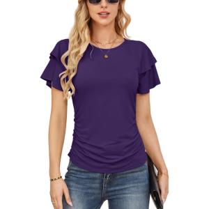 imageGRACE KARIN Womens Summer Tops Ruffle Sleeve Basic T Shirts Dressy Casual Ruched Work Blouses Trendy Clothes 2025Dark Purple