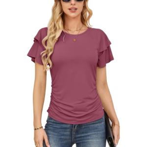 imageGRACE KARIN Womens Summer Tops Ruffle Sleeve Basic T Shirts Dressy Casual Ruched Work Blouses Trendy Clothes 2025Fuchsia