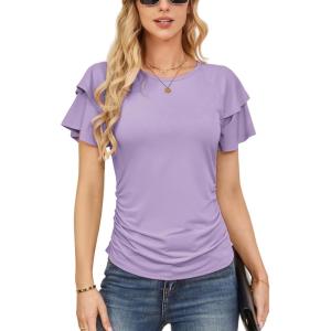 imageGRACE KARIN Womens Summer Tops Ruffle Sleeve Basic T Shirts Dressy Casual Ruched Work Blouses Trendy Clothes 2025Lavender