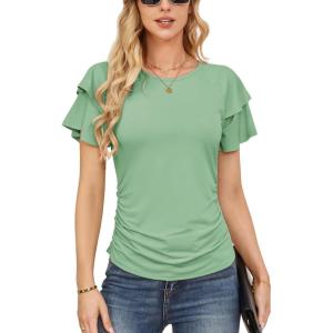 imageGRACE KARIN Womens Summer Tops Ruffle Sleeve Basic T Shirts Dressy Casual Ruched Work Blouses Trendy Clothes 2025Light Green
