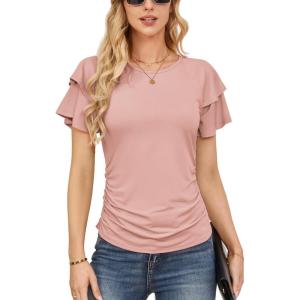 imageGRACE KARIN Womens Summer Tops Ruffle Sleeve Basic T Shirts Dressy Casual Ruched Work Blouses Trendy Clothes 2025Light Pink
