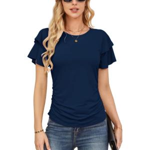 imageGRACE KARIN Womens Summer Tops Ruffle Sleeve Basic T Shirts Dressy Casual Ruched Work Blouses Trendy Clothes 2025Navy Blue
