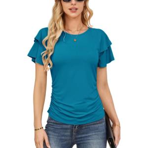 imageGRACE KARIN Womens Summer Tops Ruffle Sleeve Basic T Shirts Dressy Casual Ruched Work Blouses Trendy Clothes 2025Peacock Blue