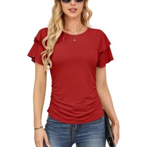 imageGRACE KARIN Womens Summer Tops Ruffle Sleeve Basic T Shirts Dressy Casual Ruched Work Blouses Trendy Clothes 2025Red