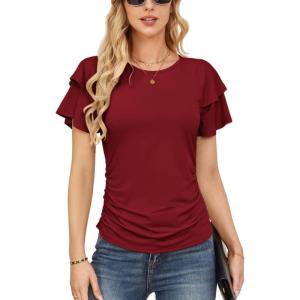 imageGRACE KARIN Womens Summer Tops Ruffle Sleeve Basic T Shirts Dressy Casual Ruched Work Blouses Trendy Clothes 2025Wine Red