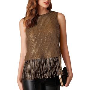 imageGRACE KARIN Sparkly Fringe Tops for Women Sleeveless Crewneck Tassel Sequin Tank Top Glitter Crop Party Shirt Cami OutfitBrown