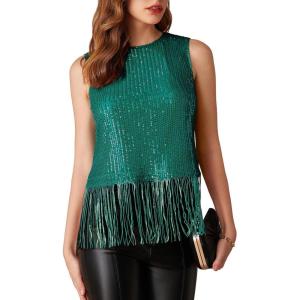 imageGRACE KARIN Sparkly Fringe Tops for Women Sleeveless Crewneck Tassel Sequin Tank Top Glitter Crop Party Shirt Cami OutfitDark Green