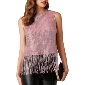imageGRACE KARIN Sparkly Fringe Tops for Women Sleeveless Crewneck Tassel Sequin Tank Top Glitter Crop Party Shirt Cami OutfitPink