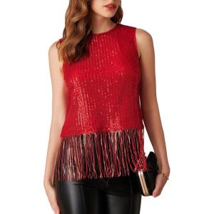 imageGRACE KARIN Sparkly Fringe Tops for Women Sleeveless Crewneck Tassel Sequin Tank Top Glitter Crop Party Shirt Cami OutfitRed