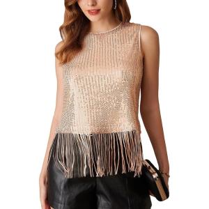 imageGRACE KARIN Sparkly Fringe Tops for Women Sleeveless Crewneck Tassel Sequin Tank Top Glitter Crop Party Shirt Cami OutfitRose Gold