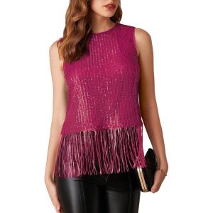imageGRACE KARIN Sparkly Fringe Tops for Women Sleeveless Crewneck Tassel Sequin Tank Top Glitter Crop Party Shirt Cami OutfitRose Red