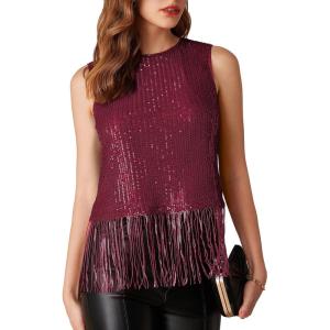 imageGRACE KARIN Sparkly Fringe Tops for Women Sleeveless Crewneck Tassel Sequin Tank Top Glitter Crop Party Shirt Cami OutfitWine Red