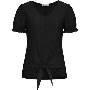 imageGRACE KARIN Womens 2025 Summer Tops Short Sleeve V Neck Basic T Shirts Dressy Casual Tie Front Tops Eyelet Blouses TunicBlack