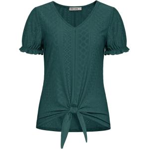 imageGRACE KARIN Womens 2025 Summer Tops Short Sleeve V Neck Basic T Shirts Dressy Casual Tie Front Tops Eyelet Blouses TunicDark Green