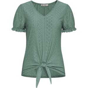 imageGRACE KARIN Womens 2025 Summer Tops Short Sleeve V Neck Basic T Shirts Dressy Casual Tie Front Tops Eyelet Blouses TunicGreen