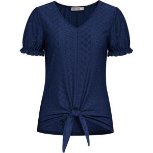 imageGRACE KARIN Womens 2025 Summer Tops Short Sleeve V Neck Basic T Shirts Dressy Casual Tie Front Tops Eyelet Blouses TunicNavy Blue