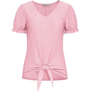 imageGRACE KARIN Womens 2025 Summer Tops Short Sleeve V Neck Basic T Shirts Dressy Casual Tie Front Tops Eyelet Blouses TunicPink