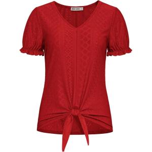 imageGRACE KARIN Womens 2025 Summer Tops Short Sleeve V Neck Basic T Shirts Dressy Casual Tie Front Tops Eyelet Blouses TunicRed