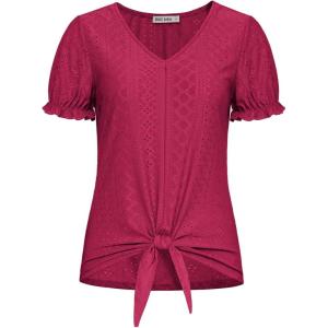 imageGRACE KARIN Womens 2025 Summer Tops Short Sleeve V Neck Basic T Shirts Dressy Casual Tie Front Tops Eyelet Blouses TunicRose Red