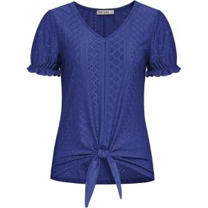 imageGRACE KARIN Womens 2025 Summer Tops Short Sleeve V Neck Basic T Shirts Dressy Casual Tie Front Tops Eyelet Blouses TunicRoyal Blue