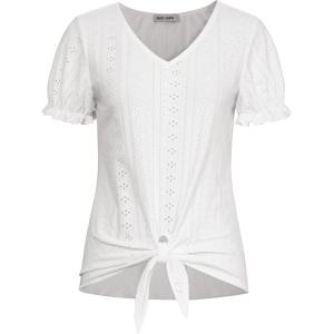 imageGRACE KARIN Womens 2025 Summer Tops Short Sleeve V Neck Basic T Shirts Dressy Casual Tie Front Tops Eyelet Blouses TunicWhite