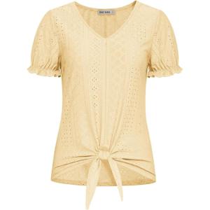 imageGRACE KARIN Womens 2025 Summer Tops Short Sleeve V Neck Basic T Shirts Dressy Casual Tie Front Tops Eyelet Blouses TunicYellow
