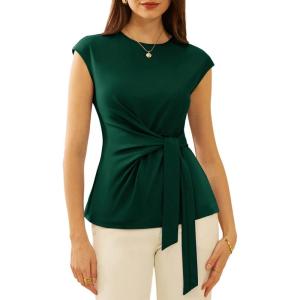 imageGRACE KARIN Womens Cap Sleeve Tops 2025 Summer Tie Waist Crew Neck Elegant Blouse Dressy Casual Work Business ShirtsDark Green