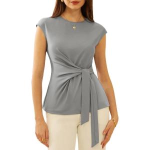 imageGRACE KARIN Womens Cap Sleeve Tops 2025 Summer Tie Waist Crew Neck Elegant Blouse Dressy Casual Work Business ShirtsGray