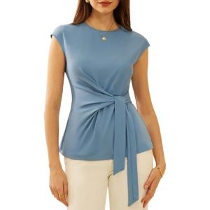 imageGRACE KARIN Womens Cap Sleeve Tops 2025 Summer Tie Waist Crew Neck Elegant Blouse Dressy Casual Work Business ShirtsGray Blue