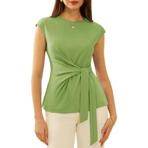 imageGRACE KARIN Womens Cap Sleeve Tops 2025 Summer Tie Waist Crew Neck Elegant Blouse Dressy Casual Work Business ShirtsGreen