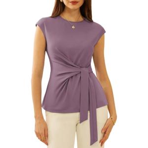 imageGRACE KARIN Womens Cap Sleeve Tops 2025 Summer Tie Waist Crew Neck Elegant Blouse Dressy Casual Work Business ShirtsGrey Purple