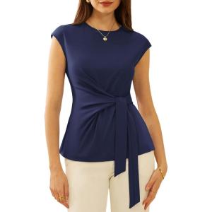 imageGRACE KARIN Womens Cap Sleeve Tops 2025 Summer Tie Waist Crew Neck Elegant Blouse Dressy Casual Work Business ShirtsNavy