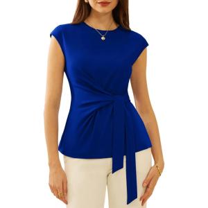 imageGRACE KARIN Womens Cap Sleeve Tops 2025 Summer Tie Waist Crew Neck Elegant Blouse Dressy Casual Work Business ShirtsNavy Blue