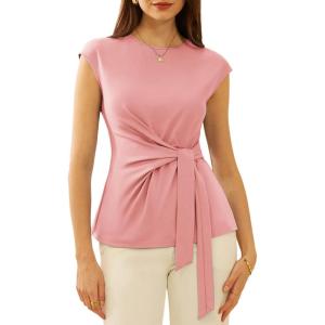 imageGRACE KARIN Womens Cap Sleeve Tops 2025 Summer Tie Waist Crew Neck Elegant Blouse Dressy Casual Work Business ShirtsPink