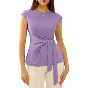 imageGRACE KARIN Womens Cap Sleeve Tops 2025 Summer Tie Waist Crew Neck Elegant Blouse Dressy Casual Work Business ShirtsPurple