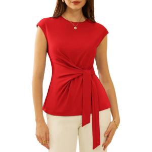 imageGRACE KARIN Womens Cap Sleeve Tops 2025 Summer Tie Waist Crew Neck Elegant Blouse Dressy Casual Work Business ShirtsRed