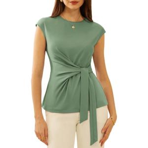 imageGRACE KARIN Womens Cap Sleeve Tops 2025 Summer Tie Waist Crew Neck Elegant Blouse Dressy Casual Work Business ShirtsSage Green