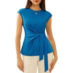 imageGRACE KARIN Womens Cap Sleeve Tops 2025 Summer Tie Waist Crew Neck Elegant Blouse Dressy Casual Work Business ShirtsSky Blue