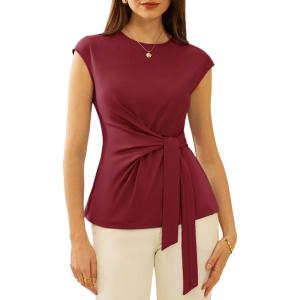 imageGRACE KARIN Womens Cap Sleeve Tops 2025 Summer Tie Waist Crew Neck Elegant Blouse Dressy Casual Work Business ShirtsWine Red